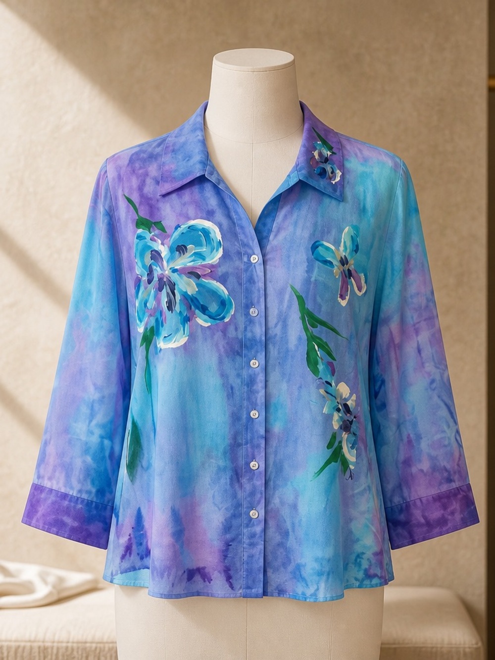 j. Painter LADIES FIT SHIRT, HAND DYED AND PAINTED, "HEAVENLY HANA BLUE" DESIGN